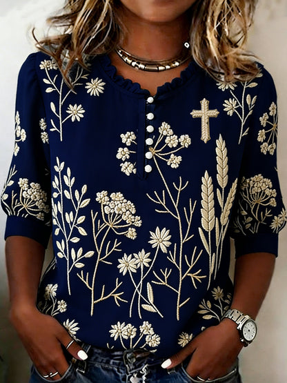 Women's Retro Faith Floral Print Top