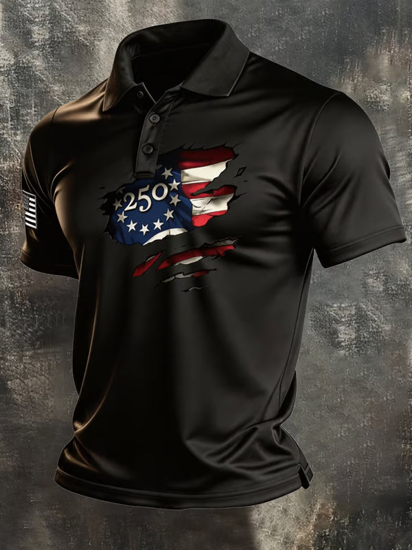 Men's Retro Patriotic Color-Block Short-Sleeve Polo Shirt