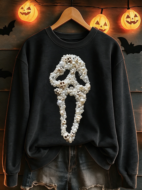 Women'S Halloween Jewelry Art Ghost Face Pattern Sweatshirt