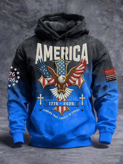 Men's Vintage American Flag Print Hooded Sweatshirt