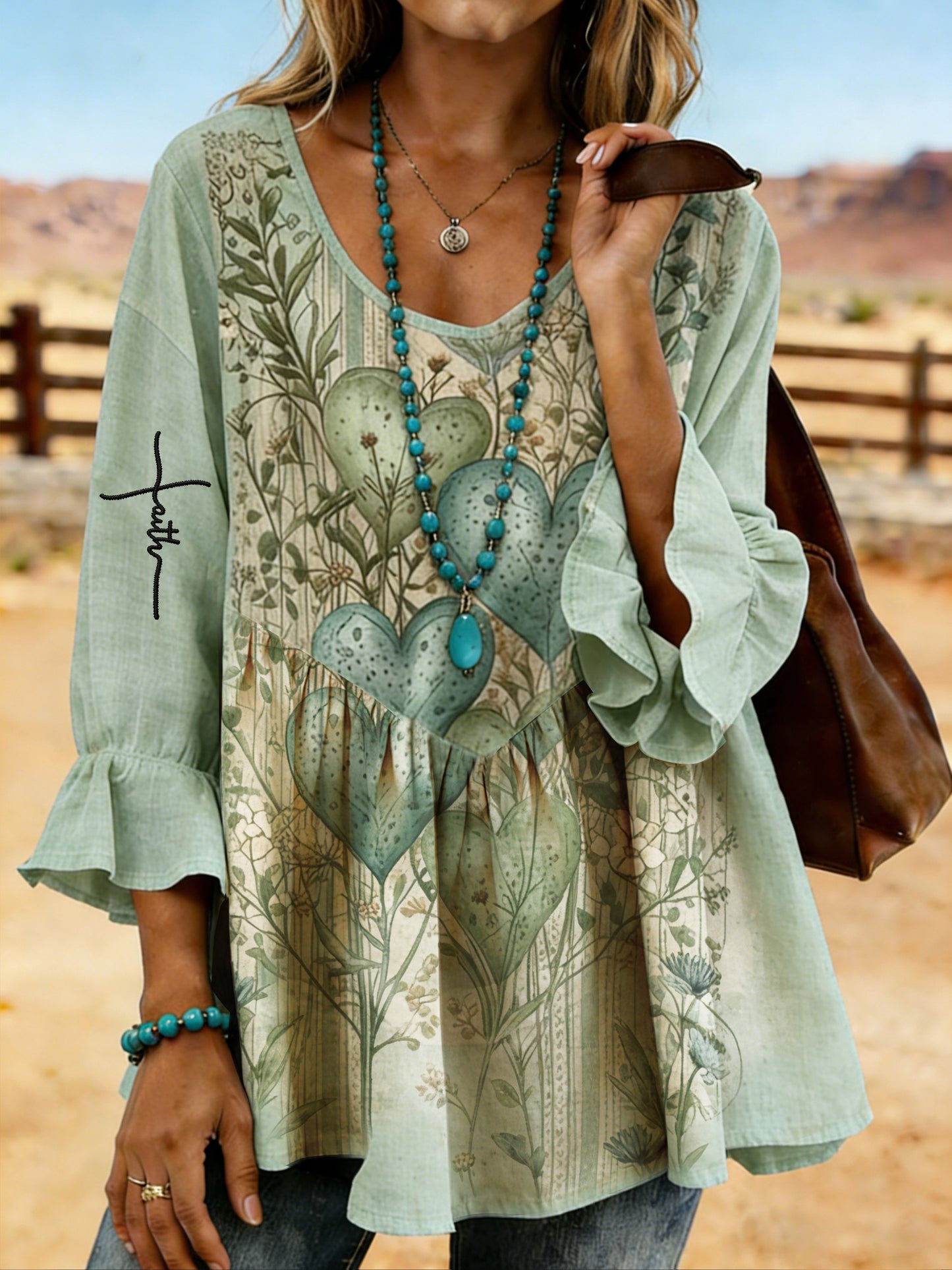 Women's Vintage Western "Faith" Distressed Print U-Neck Top