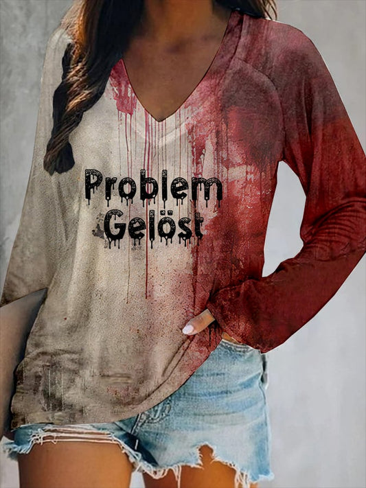 Women's Bloody Problem Solved Halloween Print V-Neck T-Shirt (Double-Layer Neckline Design)