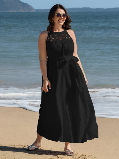 Cotton Sheer Lace Neckline Waist-Tie Maxi Dress