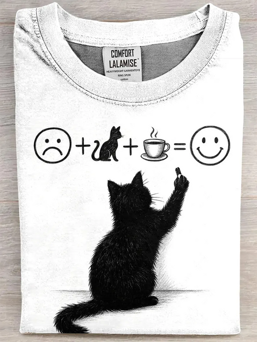 Fun Cat Cafe Print Cotton Short Sleeved T-shirt