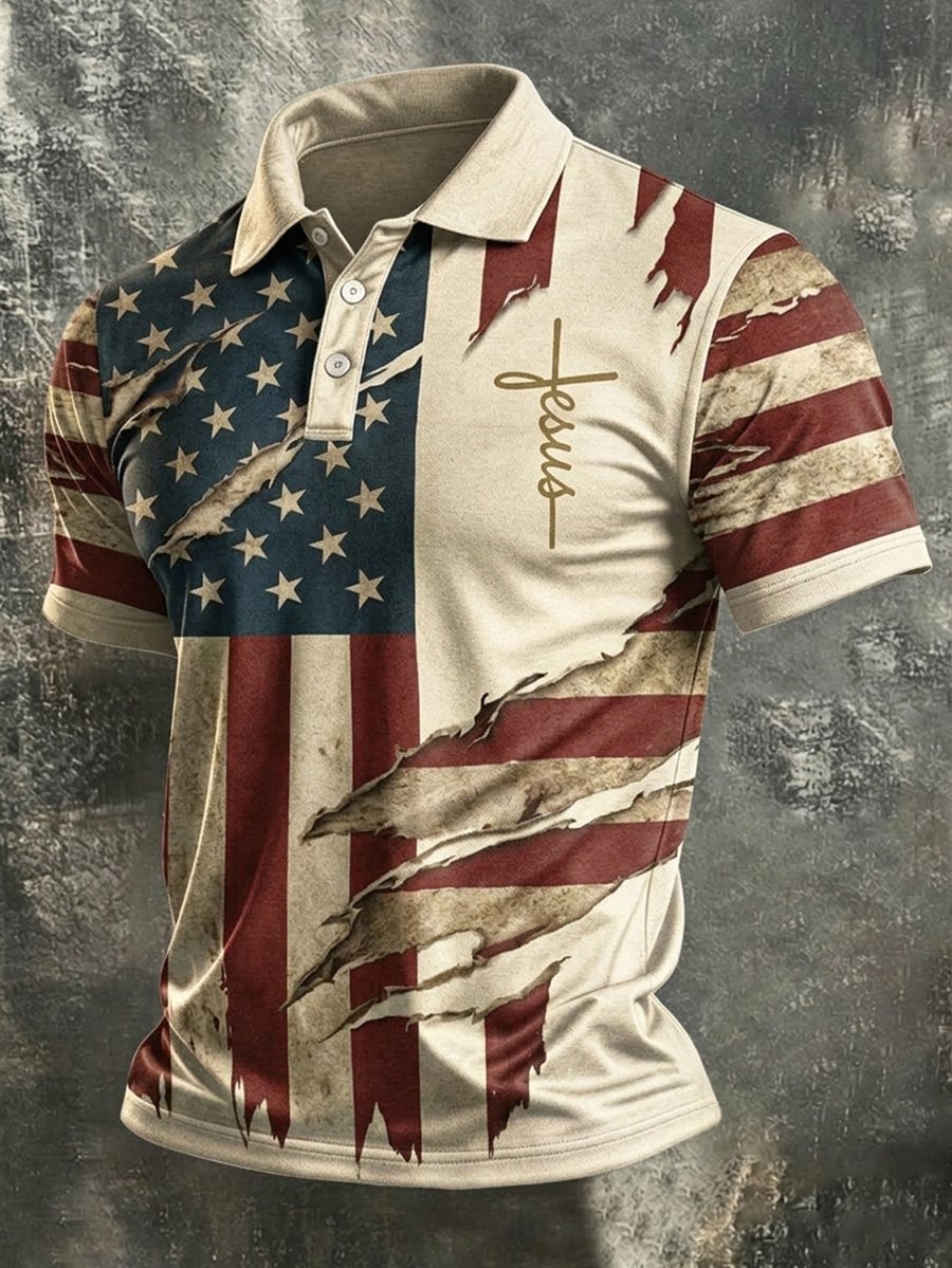 Men's Vintage American Flag Faith Art Short-Sleeve Polo Shirt