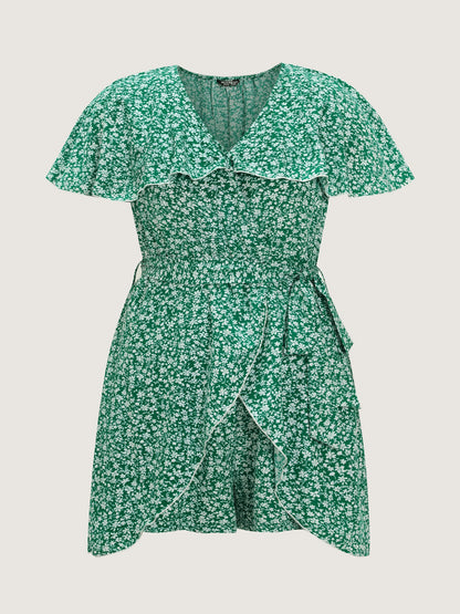 Floral Print Ruffled Wrap Hem Romper