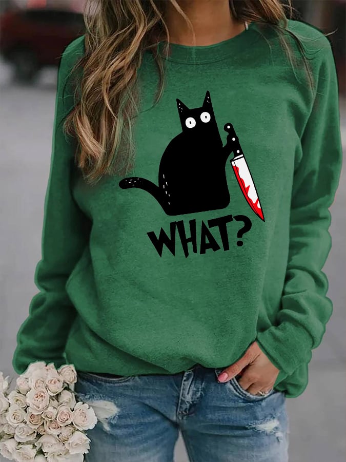 Women's Halloween Black Cat Print Casual Sweatshirt