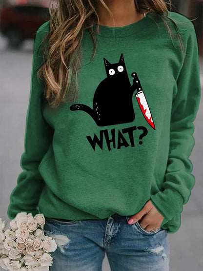 Women's Halloween Black Cat Print Casual Sweatshirt