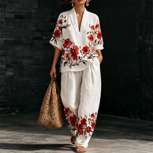 Women's "Memorial Day" Poppy Print Casual Linen Two-Piece Set