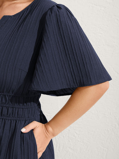 Textured Shirred Cinched Waist Maxi Dress