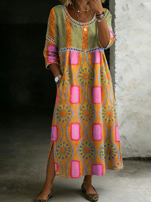 Women’s Vintage Abstrct Print Casual Loose Denim Maxi Dress