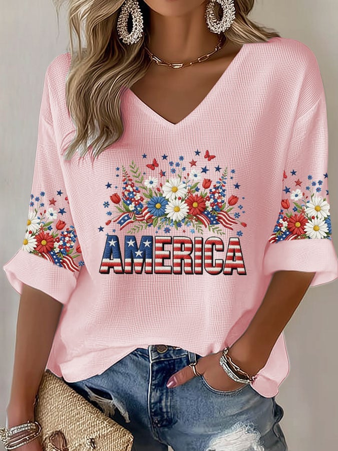 Women's casual retro 250th anniversary waffle-knit long-sleeved T-shirt