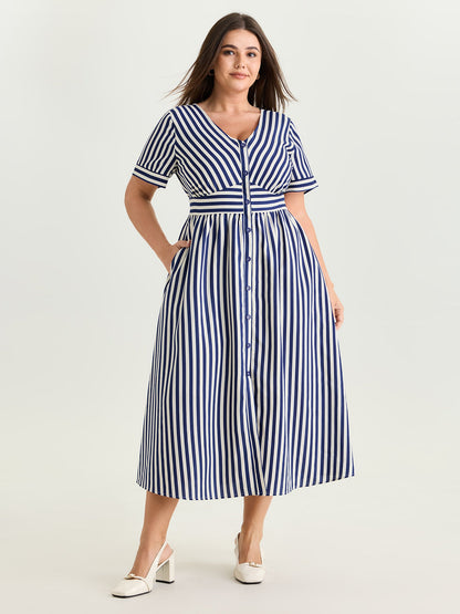 Striped Print Shirred Button Detail Midi Dress