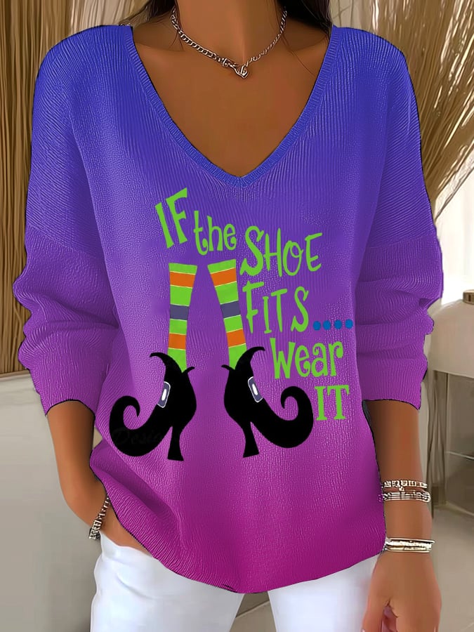 🔥HOT SALE🔥If The Shoe Fits, Wear It Halloween Witch Print Women's Drop Shoulder Sweater