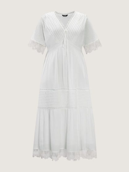 Pleated Neckline Romantic Lace Ruffled Maxi Dress