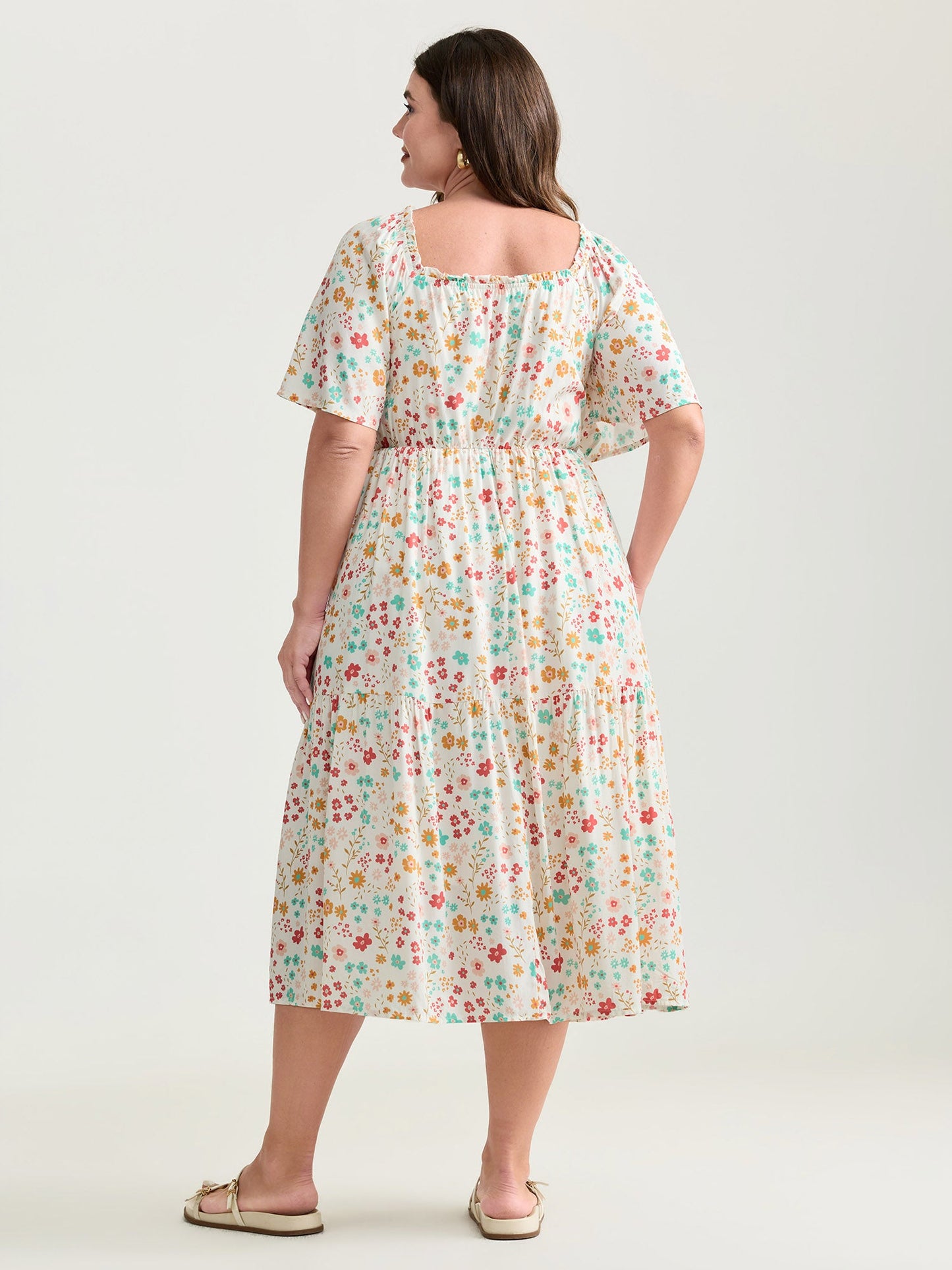 Sweet Floral Print Shirred Square Neckline Midi Dress