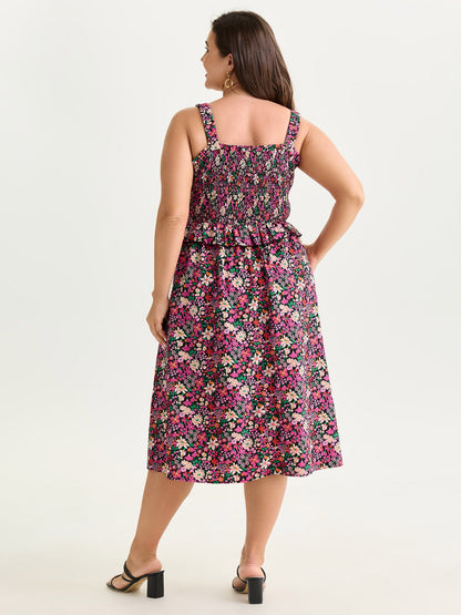 Floral Print Shirred Bodice Layered Midi Dress