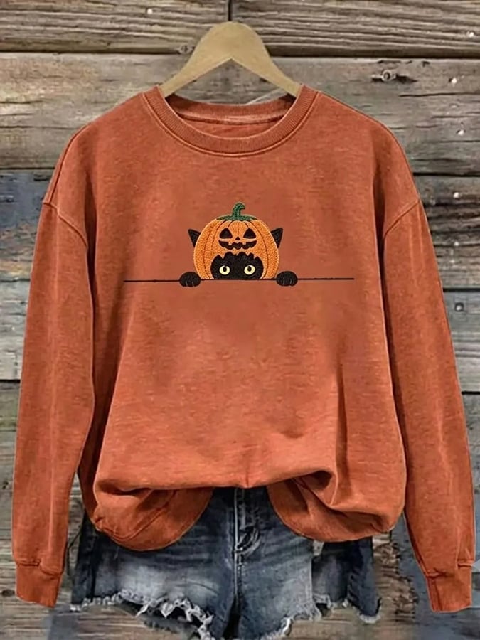 Women's Halloween Cat Print Casual Sweatshirt