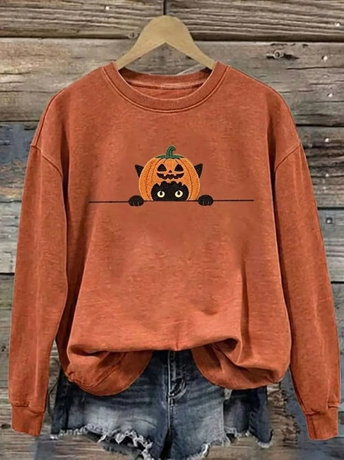 Women's Halloween Cat Print Casual Sweatshirt