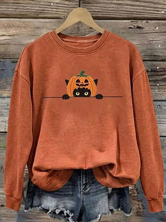 Women's Halloween Cat Print Casual Sweatshirt