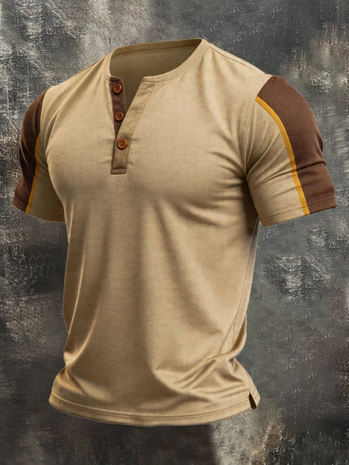 Men's Vintage Slub Cotton 100% Pure Cotton Stretch Short-Sleeve Henley T-Shirt