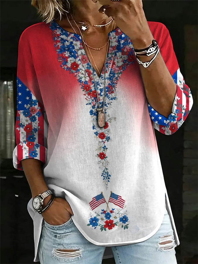 Women's Casual Patriotic Floral Print Top