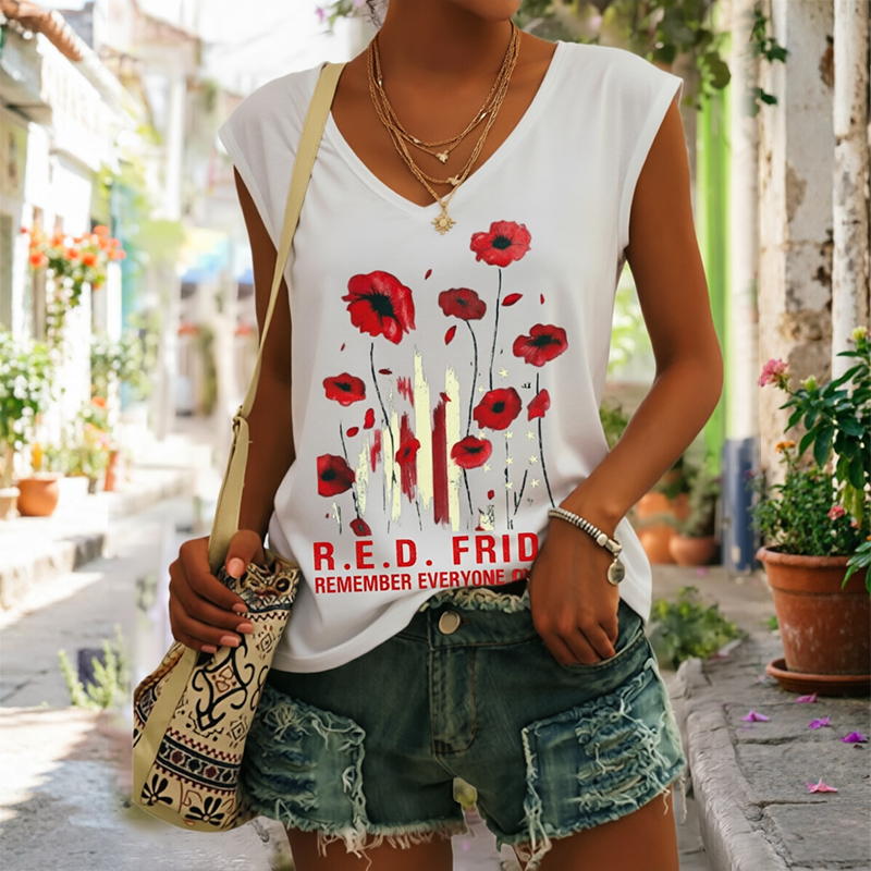 Women's "Red Friday" Poppy Art Print Casual Vest