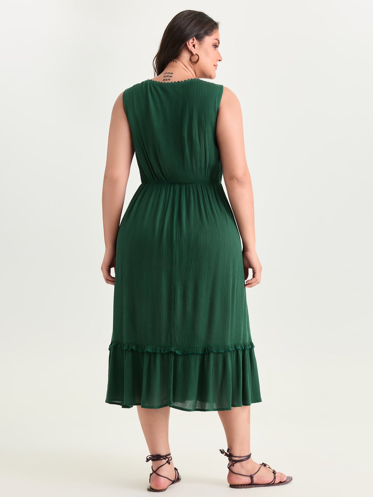 Sheer Neckline Ruffled Hem Midi Dress