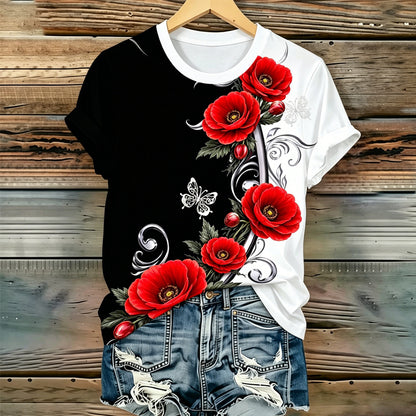 Women's Memorial Day Poppy Art Printed T-Shirt