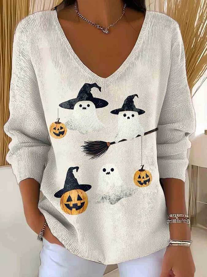 Women's Halloween Ghost Print Long Sleeve Top