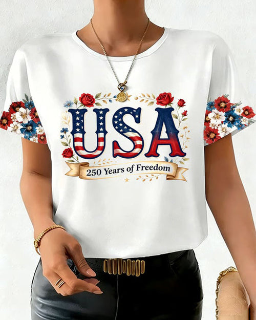 USA 250 Anniversary Floral Print Round Neck Short Sleeve Tee