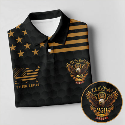 We The People 250 Years Golf Ball Pattern Black Golf Shirt, 4th Of July Patriotic Golf Shirts For Men
