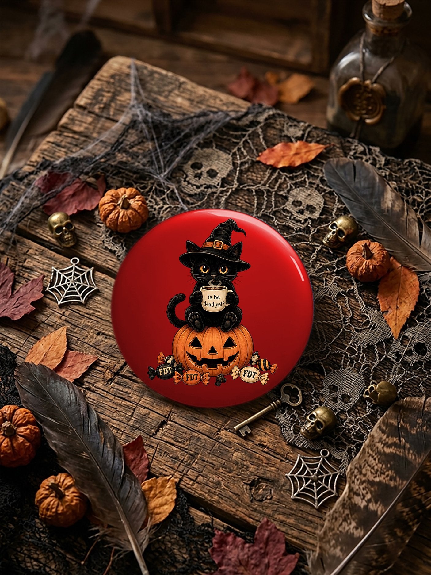 Unisex Retro Halloween Is He Dead Yet Ghost Cat Pin-Back Button