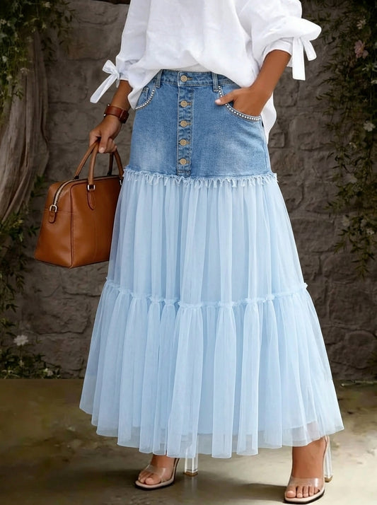 Women’s Stylish Denim Patchwork Gauze Skirt