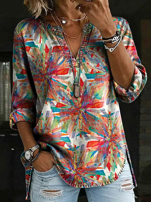 Women's Vintage Multicolor Floral Art Print Casual V-neck Washed Cotton Denim Shirt
