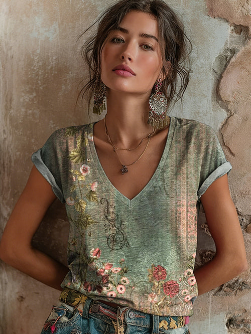 Women's Retro Bohemian Floral Art Print Casual Short-Sleeve V-Neck Cotton T-Shirt