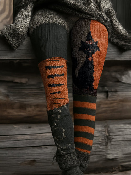 Women's Retro Halloween Contrast Color Comfortable Knitted Print Leggings