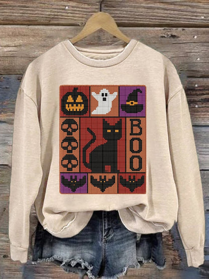 Women's Pumpkin Face Cat Print Casual Sweatshirt