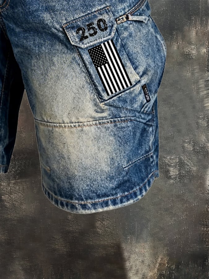 Men's Retro Outdoor Functional Washed Distressed Denim Shorts