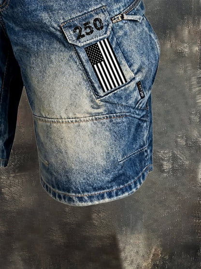 Men's Retro Outdoor Functional Washed Distressed Denim Shorts