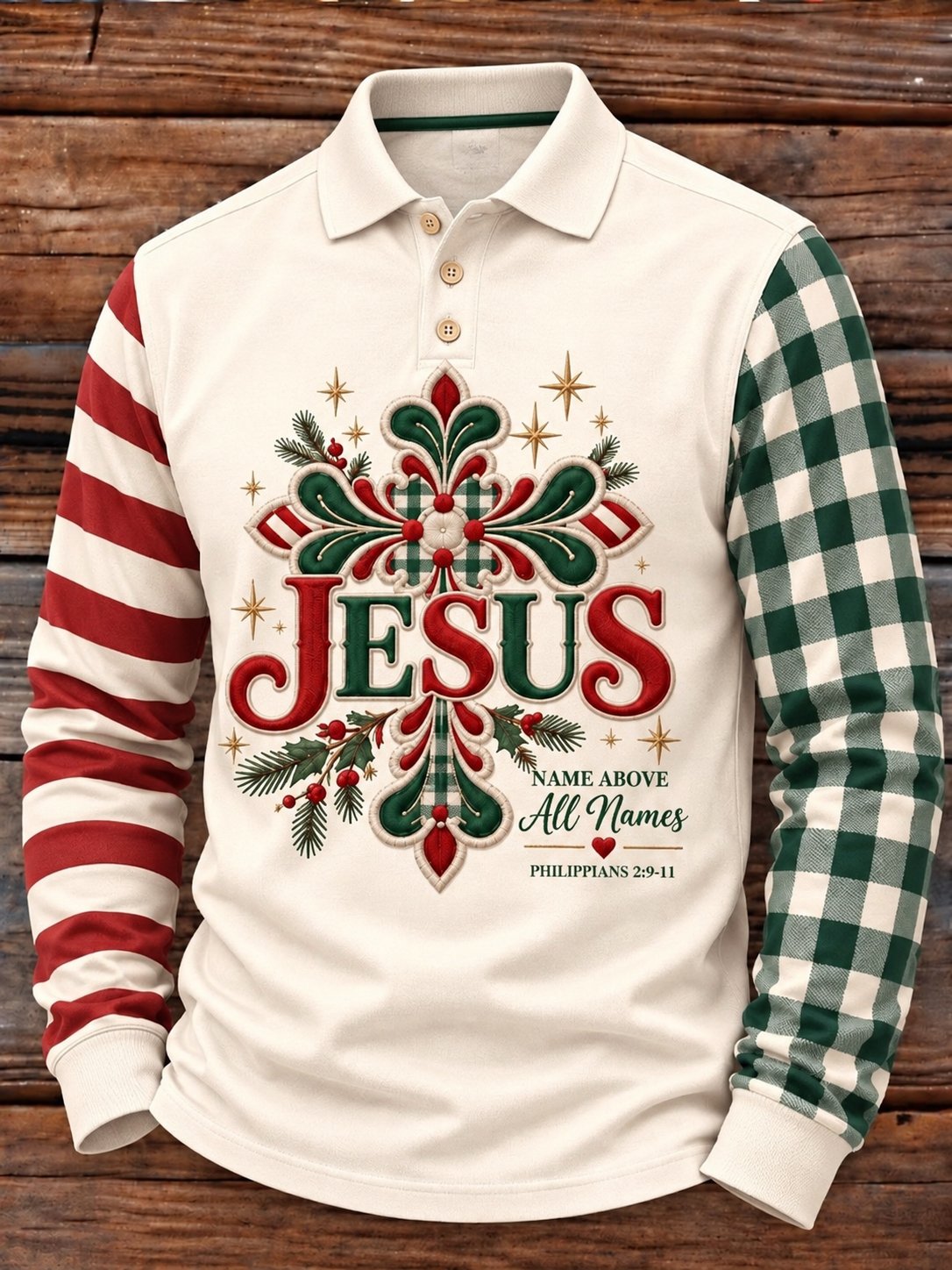 Men's Casual Christmas Print Long-Sleeve Polo Shirt