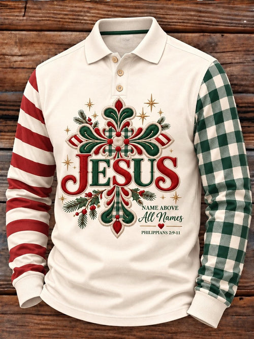Men's Casual Christmas Print Long-Sleeve Polo Shirt