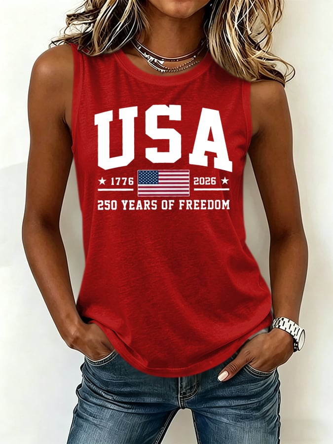 Women's Retro Flag Print Crew Neck Tank Top