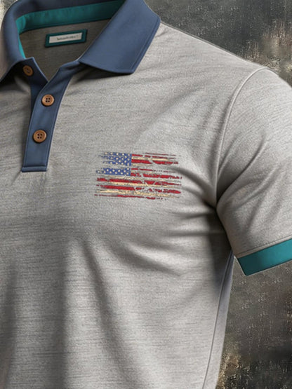 Men's Retro Patriotic Color-Block Short-Sleeve Polo Shirt
