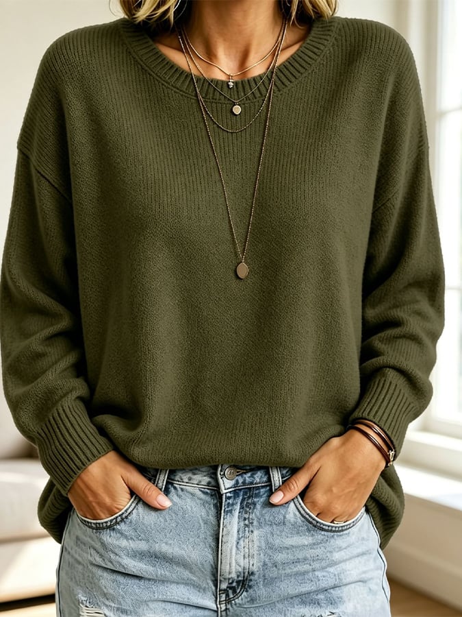 Women's Solid-Color Long-Sleeve Crew-Neck Knit Sweater