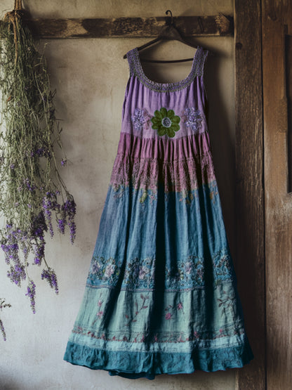 Vintage Bohemian Lavender Patchwork Art Printed Sleeveless  Cozy Linen Maxi Dress