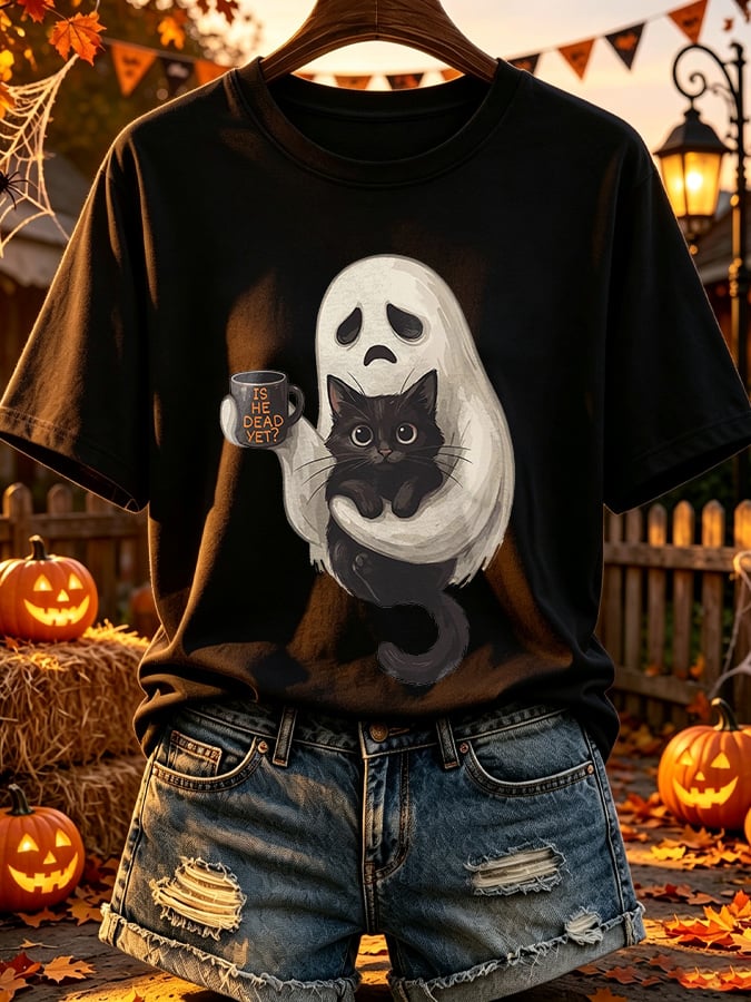 Retro Halloween Is He Dead Yet Ghost Black Cat Coffee Print T-Shirt