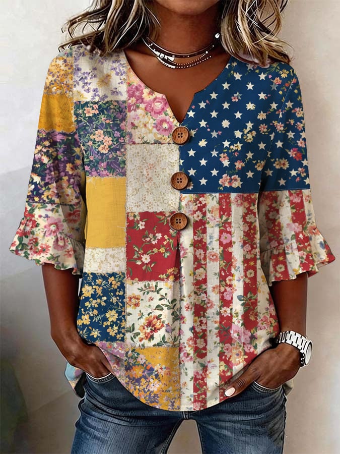 Women's Casual Patriotic Floral Print Top
