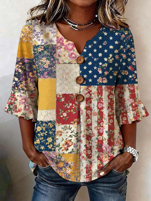 Women's Casual Patriotic Floral Print Top