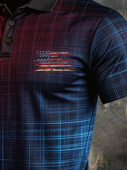 Men's Retro Patriot Color Block Polo Collar Short Sleeve